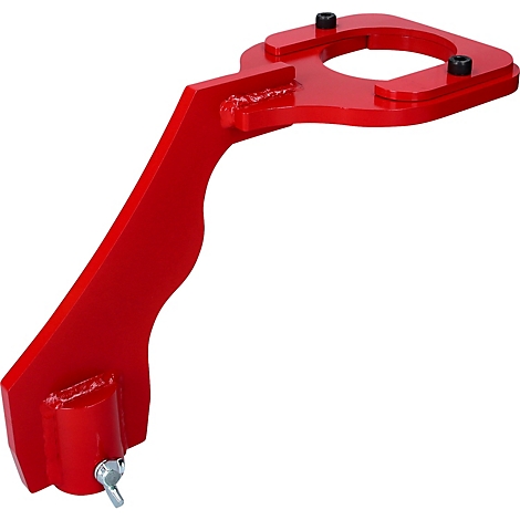 Rotes Metallwerkzeug mit Griff, Halterung und Loch. Am Halter sind zwei Schrauben und ein Sicherungsstift.